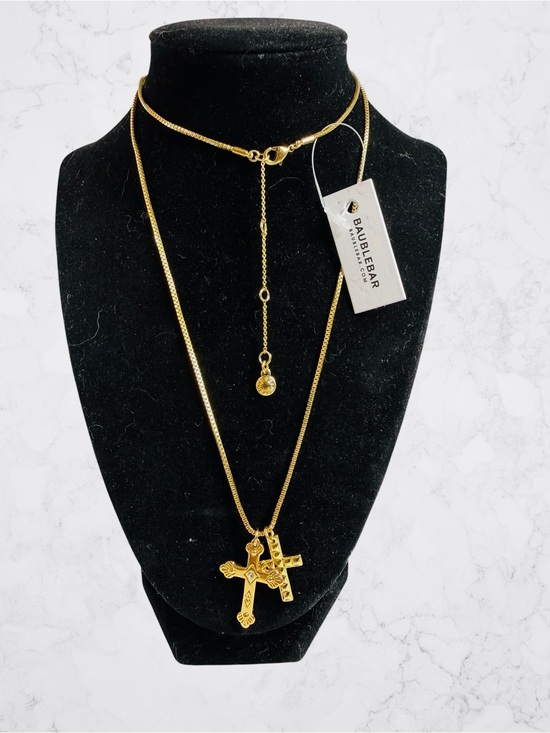 BaubleBar Jewelry - Baublebar Dual Cross Rhinestone Gold Tone Statement Necklace 28” Box Chain NWT